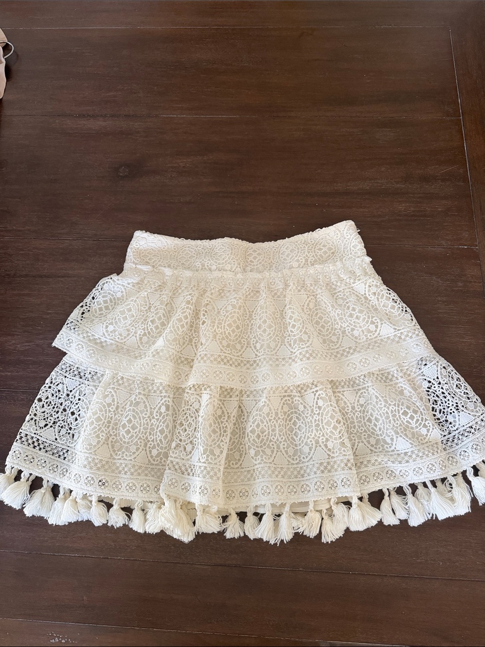 Anine Bing Ivory Lace Tiered Mini Skirt with Tassel Hem
